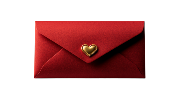 Elegant red envelope with gold heart seal on transparent background