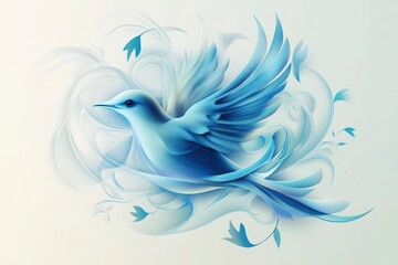 Fototapeta premium Blue Bird in Flight Amidst Delicate Floral Swirls, Watercolor Style