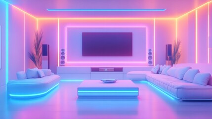 Modern Living Room Interior with Neon Lighting and Contemporary Design