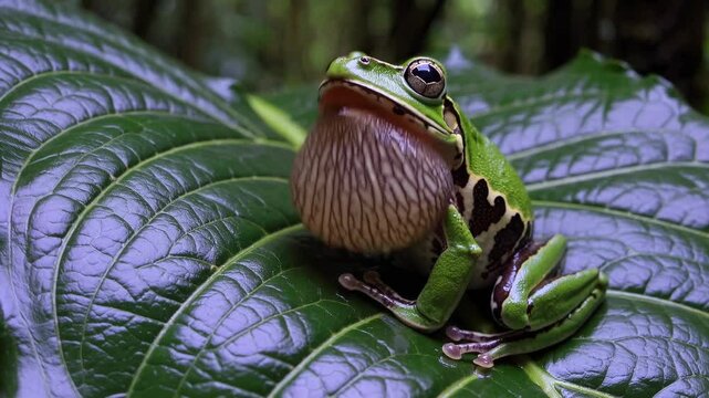 Close-up video shot of a vibrant green frog on a large leaf in a lush forest, captured from a low angle, highlighting its natural habitat and vivid colors.