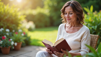 Woman enjoying reading a book in a sunny garden