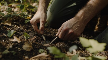 Gardening: A Man Carefully Plants Seeds in the Earth