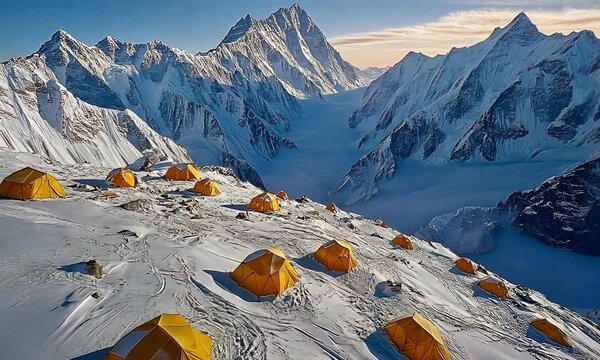 Drone Camera flying above the  Glaciers of Mount Everest, aerial view