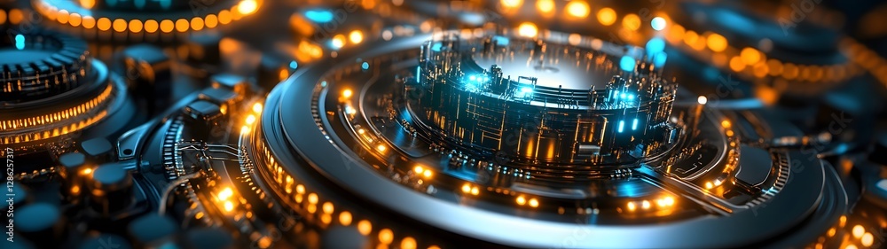 Poster Futuristic landscape with a glowing digital circuit board neon lights and a sense of technological innovation and intelligence  The image evokes a visually striking and complex digital environment