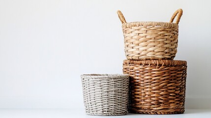 Obraz premium Stack of Three Woven Rattan Baskets Against a White Background