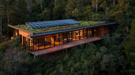 Fototapeta premium Aerial view reveals a modern eco-home nestled in lush greenery, featuring a living green roof and solar panels shining in the afternoon sunlight