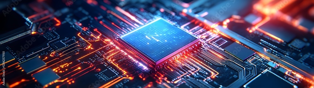 Poster Futuristic microchip and circuit board digital technology concept  Abstract electronic hardware computer processor and intelligence technology background