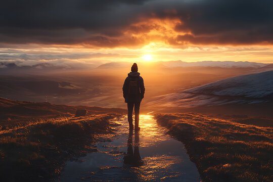 Solo traveler hiking a mountain ridge at sunset