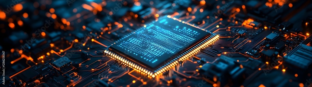 Poster Futuristic microchip abstract with glowing circuitry digital connections and high tech energy patterns  Represents the power of modern intelligence