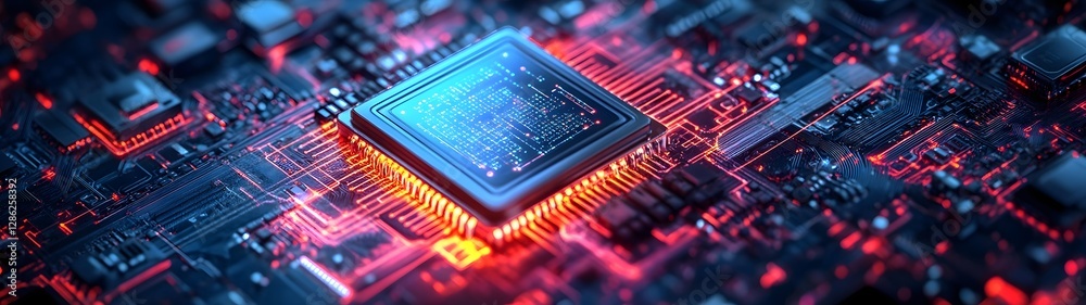 Poster Futuristic Microchip and Circuit Board on Dark Background with Glowing Red and Blue Lights  High Tech Computer Hardware Electronics and Intelligence Concept
