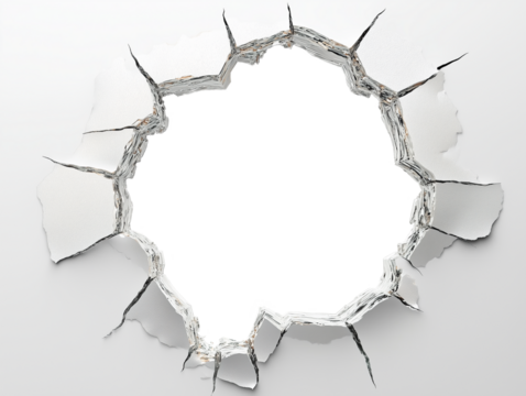 Broken wall with circular hole revealing construction behind in bright setting