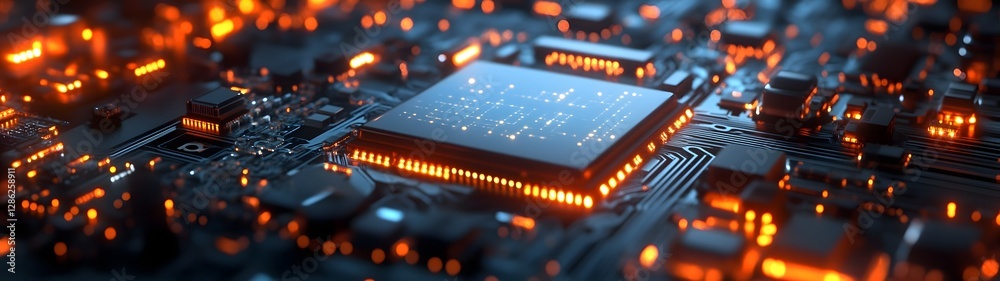 Fototapete Futuristic microchip and circuit board technology background with intricate electronic components futuristic digital data and information flow concept