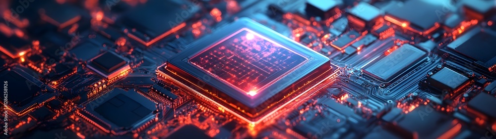 Poster Futuristic microchip and circuit board technology background  High tech digital electronic components and computer hardware on a dark blue and red lit surface