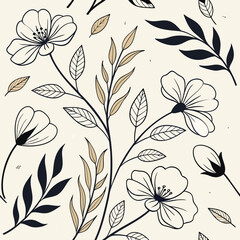 Elegant Floral Seamless Pattern in Black, White, and Gold, Ai Generated