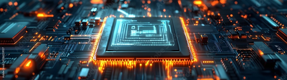 Poster Futuristic Microchip and Circuit Board with Glowing Electronic Technology Infrastructure  Concept of Intelligence and Advancements in Digital Communication