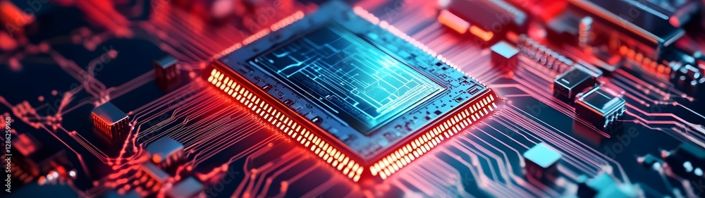 Poster Futuristic Microchip and Circuit Board with Abstract Digital Technology Background  High tech engineering science and innovation concept with digital data code and internet connectivity