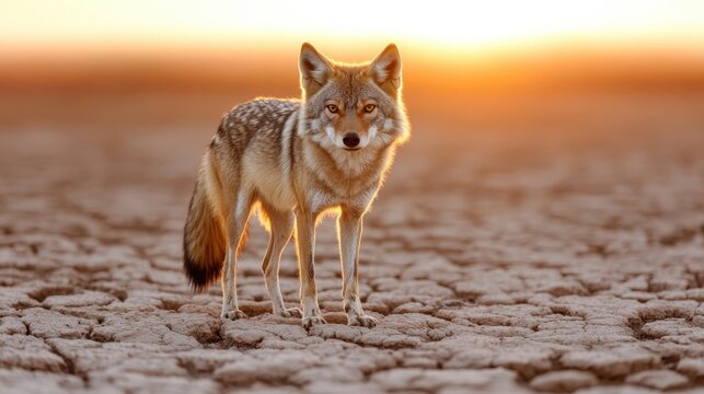 A striking coyote stands confidently on cracked earth during sunset, exuding an air of resilience and adaptability amidst a serene yet desolate landscape.