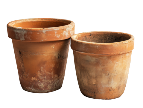 Display of assorted clay flower pots on a transparent background for gardening enthusiasts and home decorators