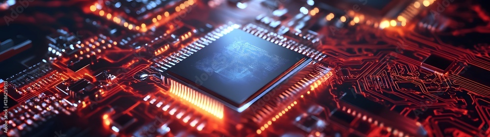Poster Futuristic Microchip and Circuit Board with Vibrant Lighting Effects   Showcasing the Intricate Design and Advanced Technology of a Central Processing Unit CPU or Motherboard for Intelligence