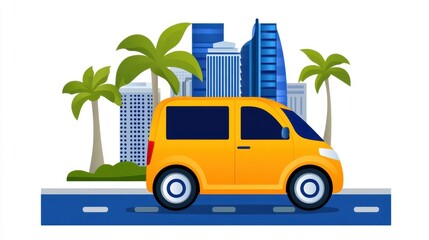 Yellow minivan drives on a road with palm trees and a city skyline in the background. Bright, cheerful illustration