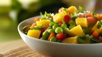 Close Up Of A Vibrant Mango And Pea Salad In A White Bowl