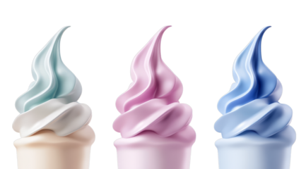 Trio of colorful soft serve ice cream cones in pastel shades
