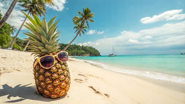 Playful pineapple wearing sunglasses on sandy beach for tropical summer vibes - Powered by Adobe