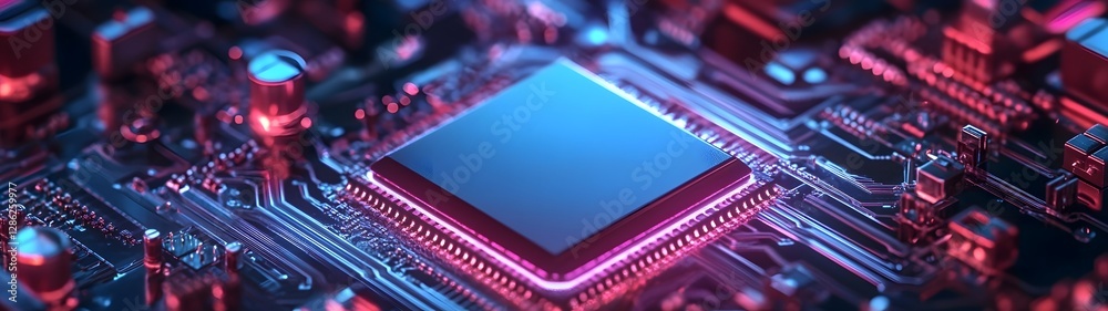 Poster Futuristic Microchip Circuit Board with Advanced Digital Technology Concept  Close up view of a complex electronic circuit board with various components connectors and traces