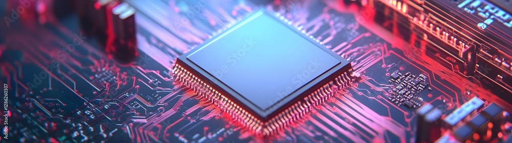 Poster Futuristic Microchip Circuit Board with Digital Technology and Innovation  Close up view of a complex electronic circuit with processor chips wires and other high tech components
