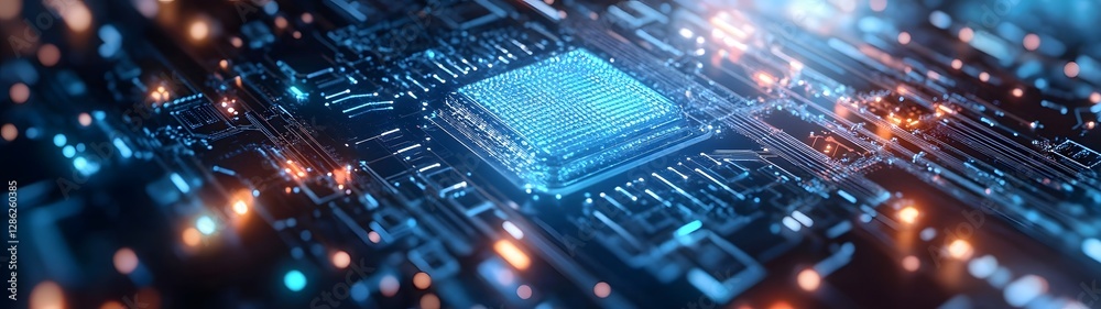 Poster Futuristic Microchip Circuit Board with Glowing Digital Patterns Representing Cutting Edge Technology Innovation and the Advancement of Intelligence and Computer Science