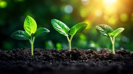 Fototapeta premium Three Young Seedlings Growing in Rich Soil with Sunlight