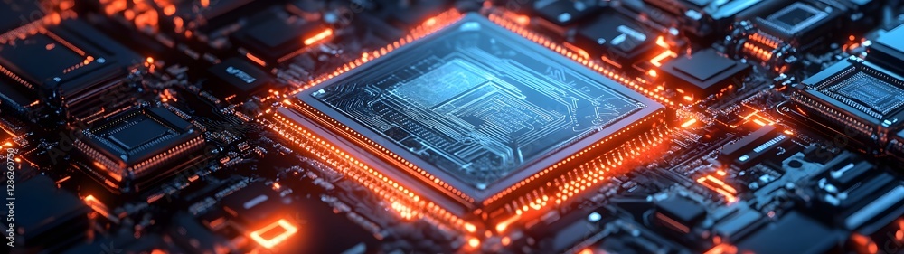 Poster Futuristic microchip circuit board with glowing lights in vibrant colors of red orange and blue  High tech electronic computer hardware with intricate patterns and complex integrated circuits