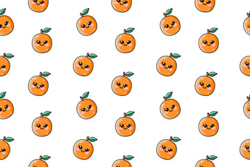 Fototapeta premium Cute summer seamless pattern with kawaii face lovely orange. Sweet design for kids clothes with fruits characters on white isolated background