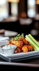 Close up of Crispy Chicken Wings with Celery and Ranch Dressing Sauce Bowl with Garnish. An Appetizer Style Food Photography. Featuring a Tasty Dish. A Side Dish with Celery Sticks and Sauce
