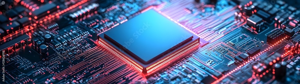 Poster Futuristic Microchip Circuit Board with Glowing Red Circuits and Technological Components on a Dark Background Representing the Power of Digital Innovation and Advanced Electronics
