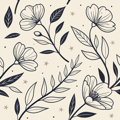 Elegant Floral Seamless Pattern in Black, White, and Gold, Ai Generated