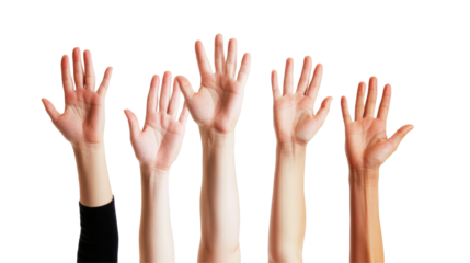 Hands raised in unity studio setting png with transparent background white environment for creative design