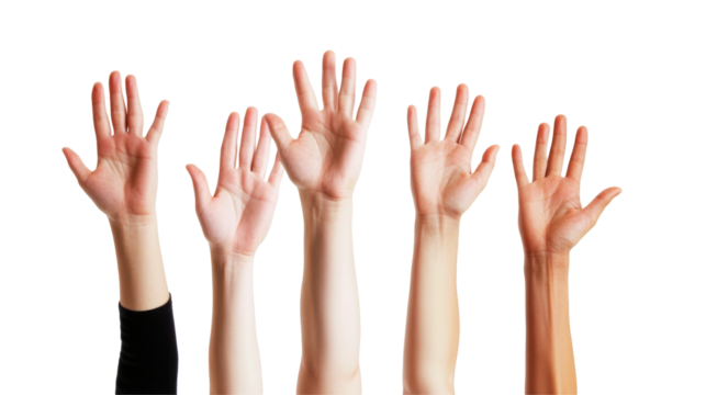 Hands raised in unity studio setting png with transparent background white environment for creative design - Powered by Adobe