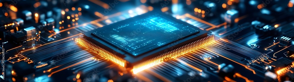 Poster futuristic microchip technology glowing with vibrant cyberpunk inspired luminescence