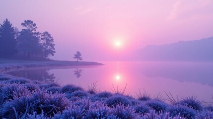 Obraz premium Serene Winter Sunrise Over a Tranquil Lake, Frost-Covered Grass in the Foreground Reflecting the Pastel Hues of Dawn