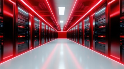A futuristic-looking server room bathed in neon red lighting, symbolizing modern technology and data storage in a sleek and organized environment.