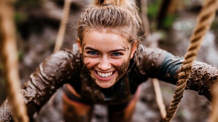 A young woman, covered in mud, smiles enthusiastically as she crawls through an intense obstacle course designed for endurance and challenge