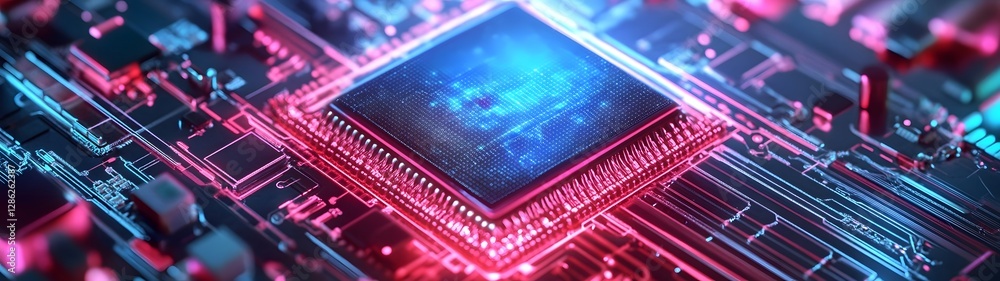Poster Futuristic microchip with glowing circuitry and intricate patterns against a vibrant technology inspired background