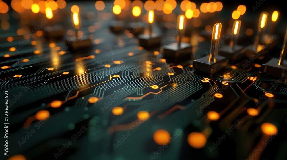 Wall mural close-up of illuminated circuit board with glowing components and intricate pathways