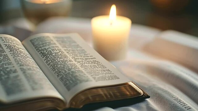 Close-up of a Bible open to a prayer verse with a candle nearby