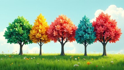 Naklejka premium Vibrant foliage of uniquely colored trees standing in a lush green meadow under a bright sky