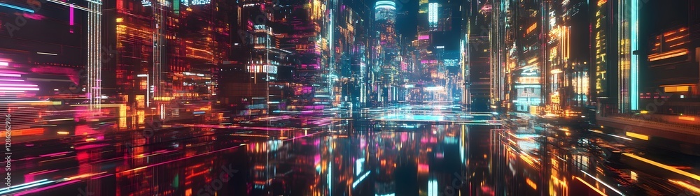 Poster Futuristic Neon Cityscape with Illuminated Skyscrapers and Captivating Reflections   A dynamic and vibrant urban scene of a modern metropolis at night