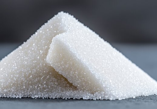 Close up view of white granulated sugar forming a pyramid shape on a dark gray surface. The sugar crystals are highly visible, and the lighting