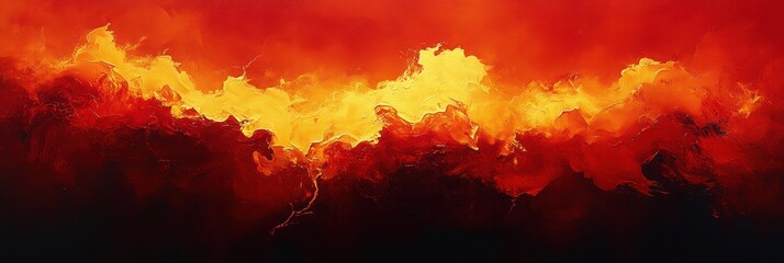 Abstract fiery cloudscape, vibrant red and yellow hues.