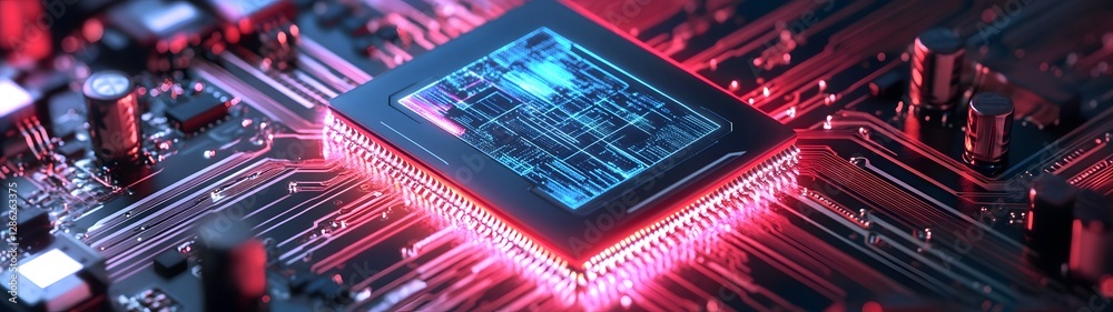 Aufkleber futuristic neon glowing circuit board with microchips processors and other electronic components thi